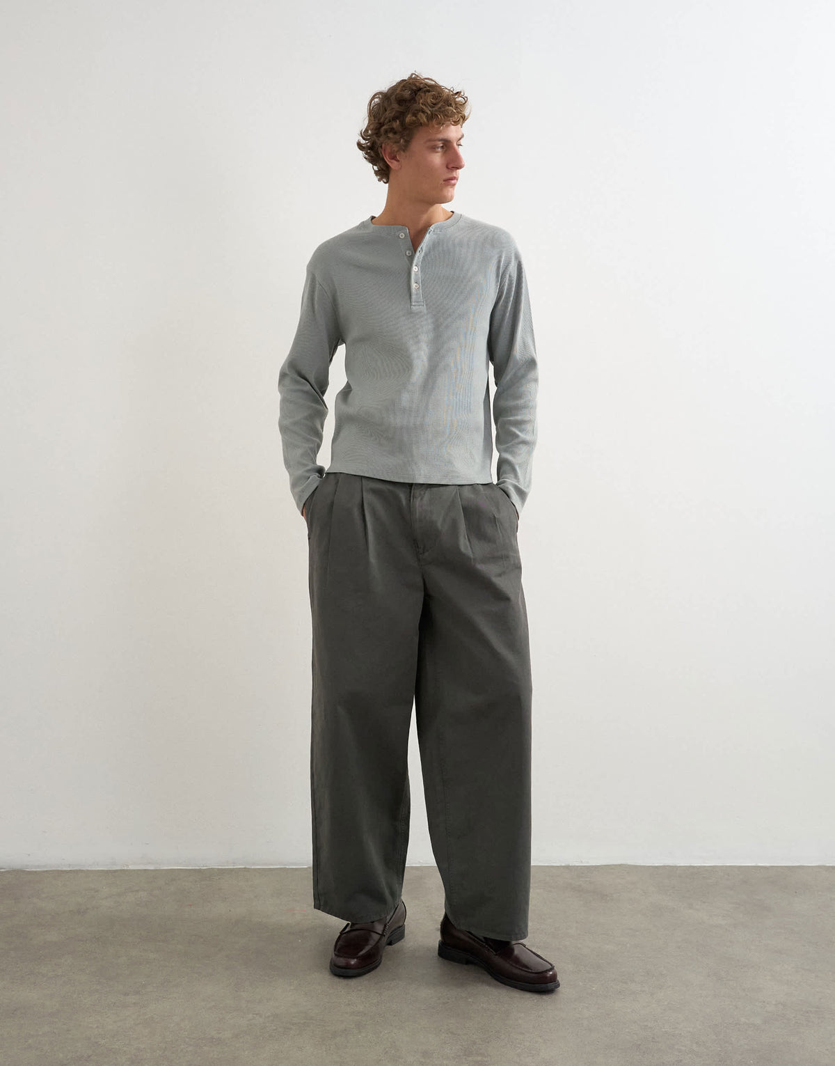 Topman slim fit long sleeve rib henley t-shirt in light grey