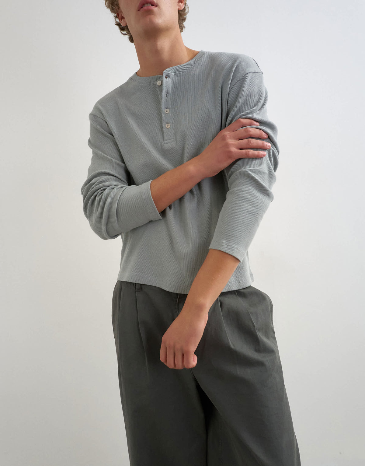 Topman slim fit long sleeve rib henley t-shirt in light grey