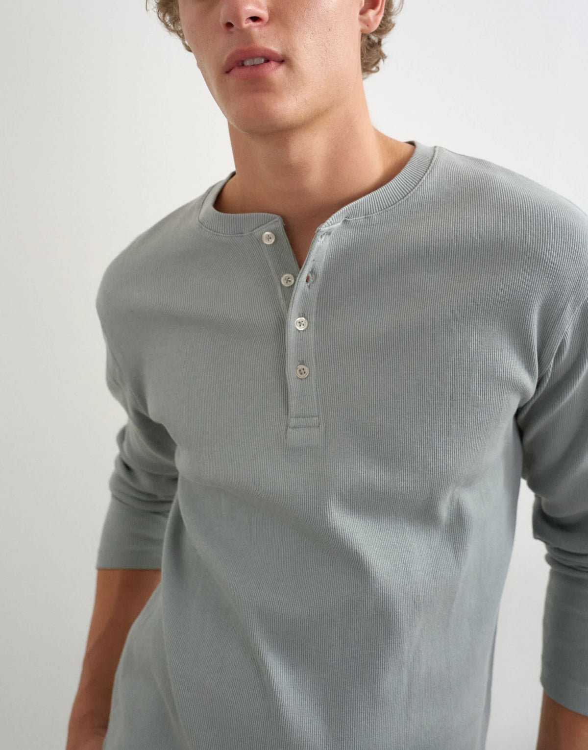 Topman slim fit long sleeve rib henley t-shirt in light grey