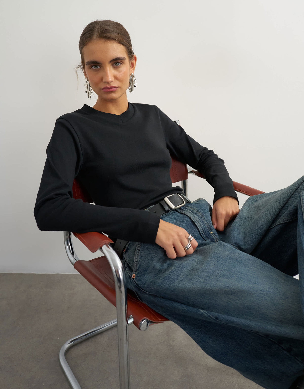 Topshop long sleeve micro v top in black