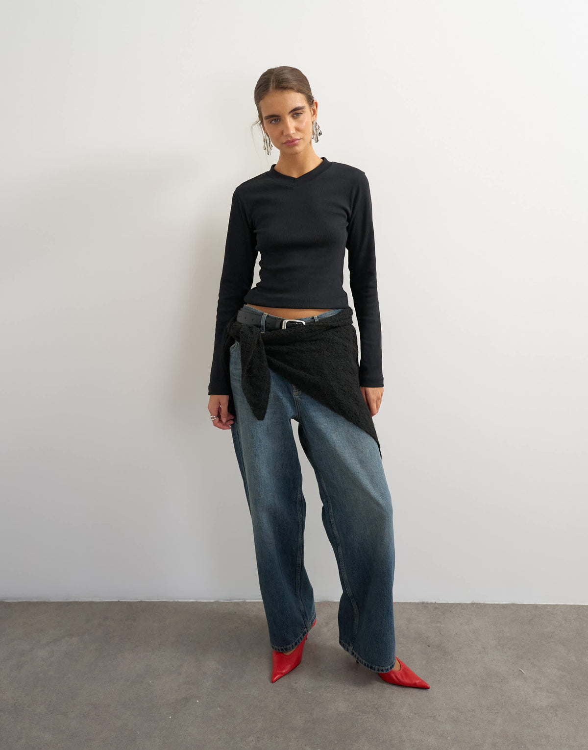 Topshop long sleeve micro v top in black