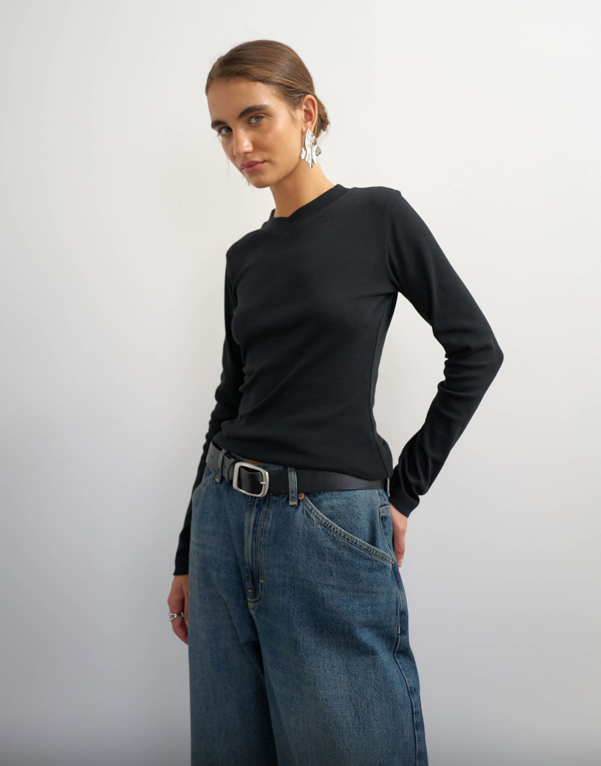 Topshop long sleeve micro v top in black
