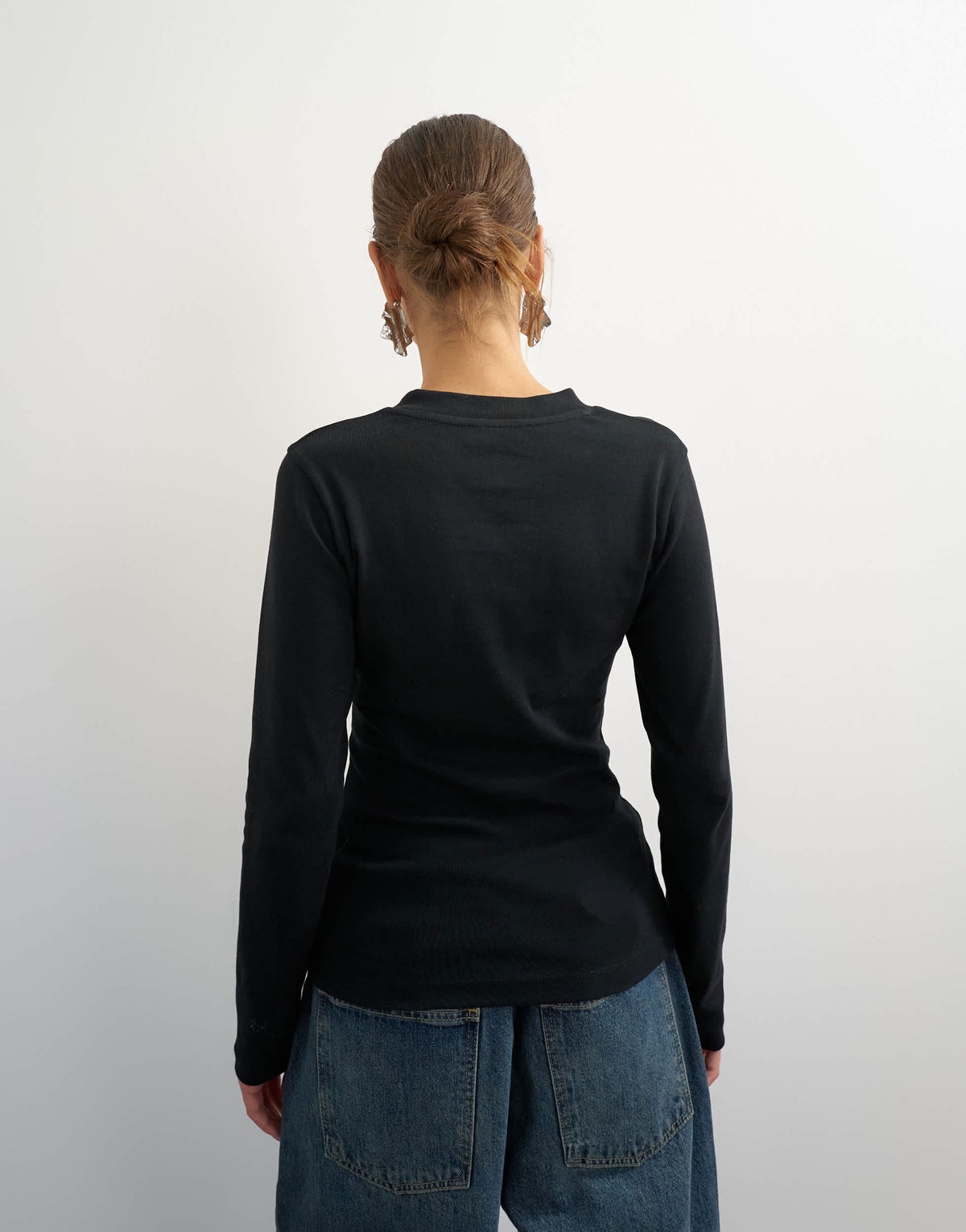 Topshop long sleeve micro v top in black