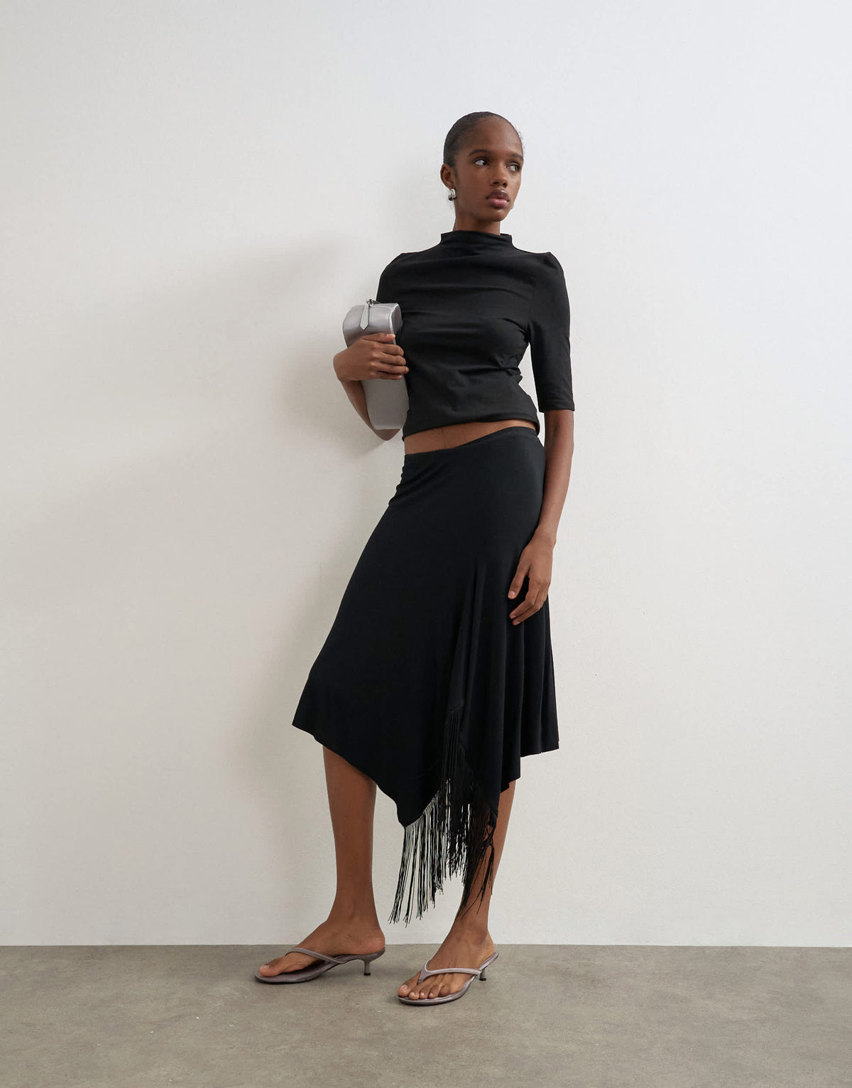 Topshop draped detail fringe skirt in black