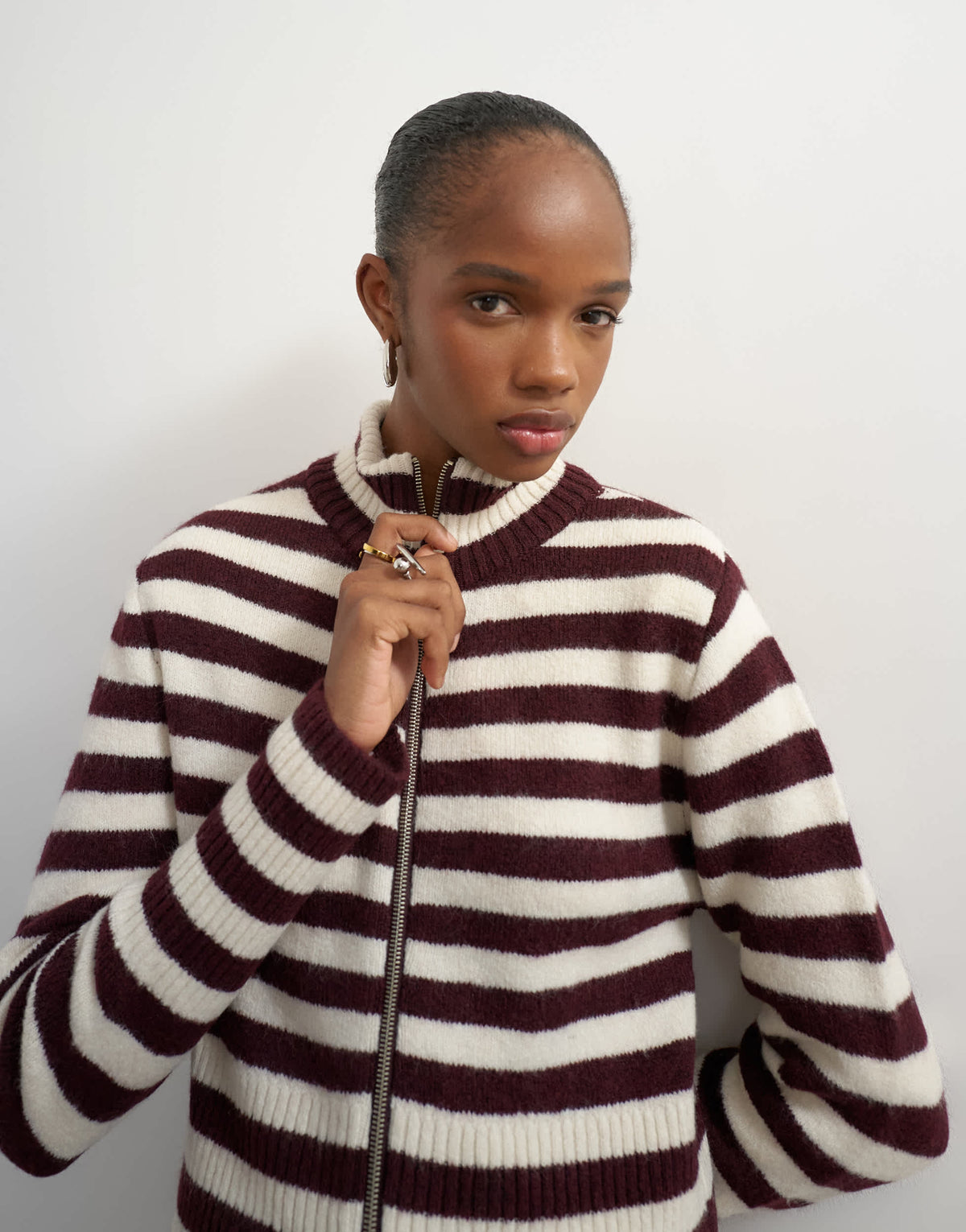 Topshop knitted zip up cardigan in burgundy and ecru stripe