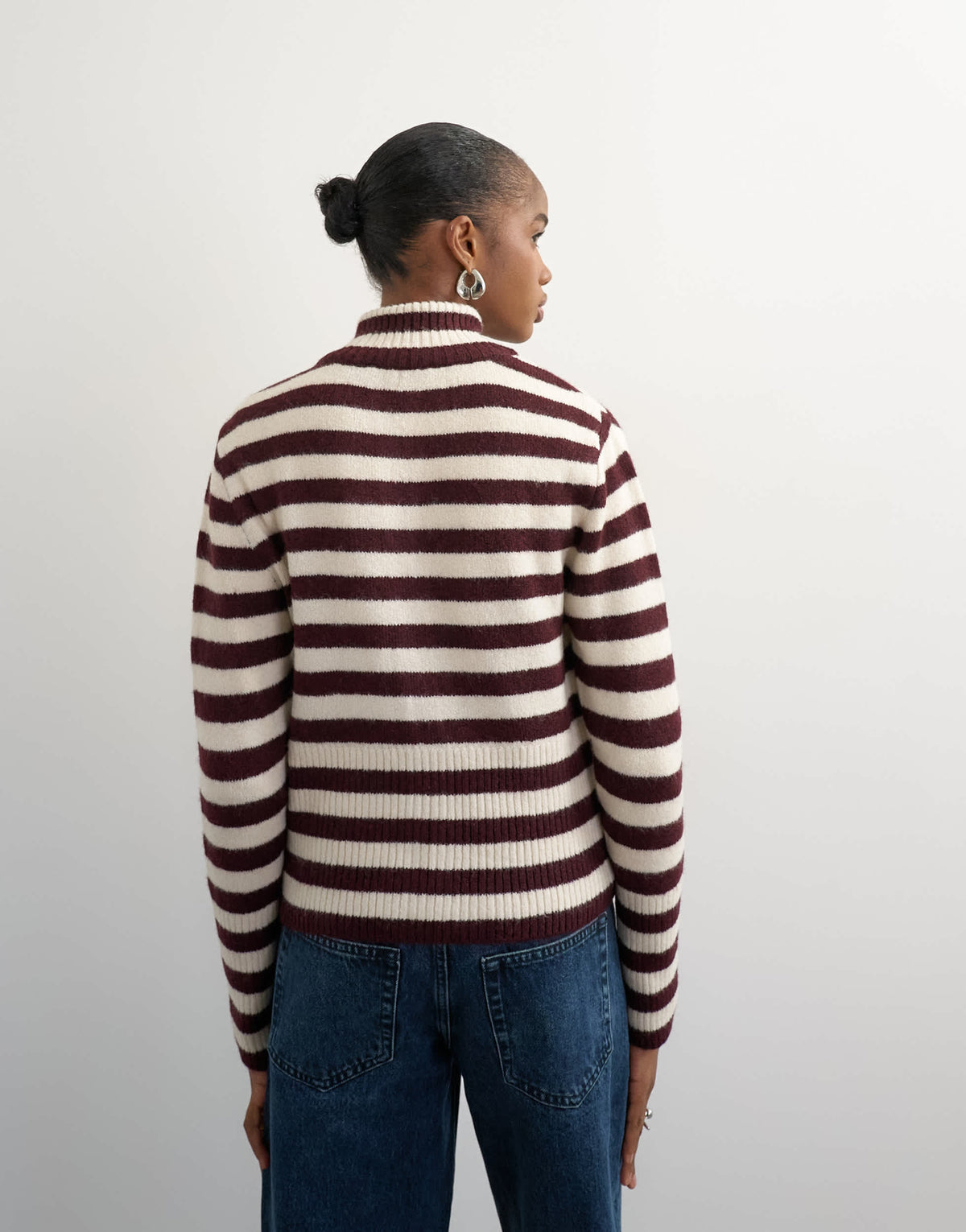 Topshop knitted zip up cardigan in burgundy and ecru stripe