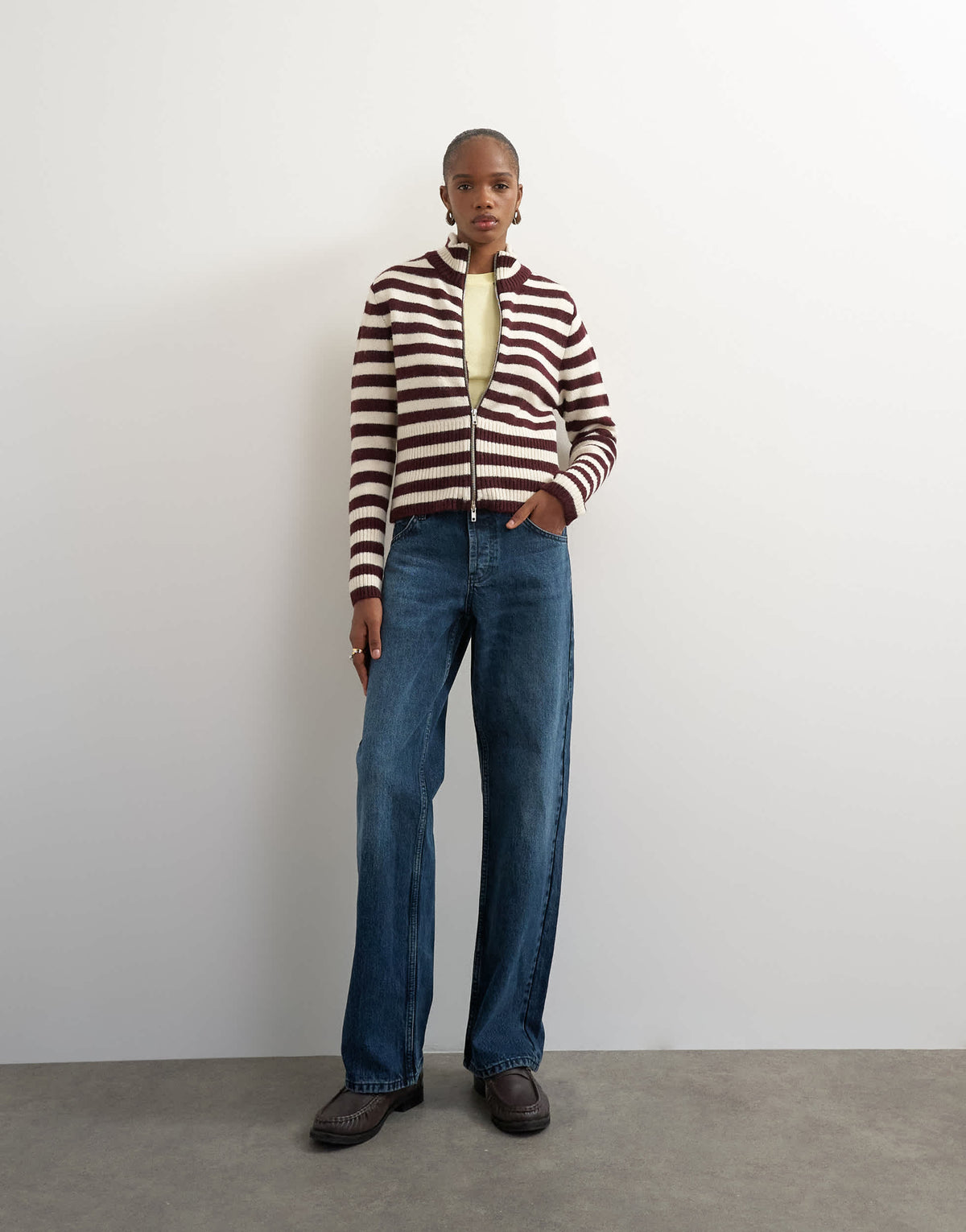 Topshop knitted zip up cardigan in burgundy and ecru stripe