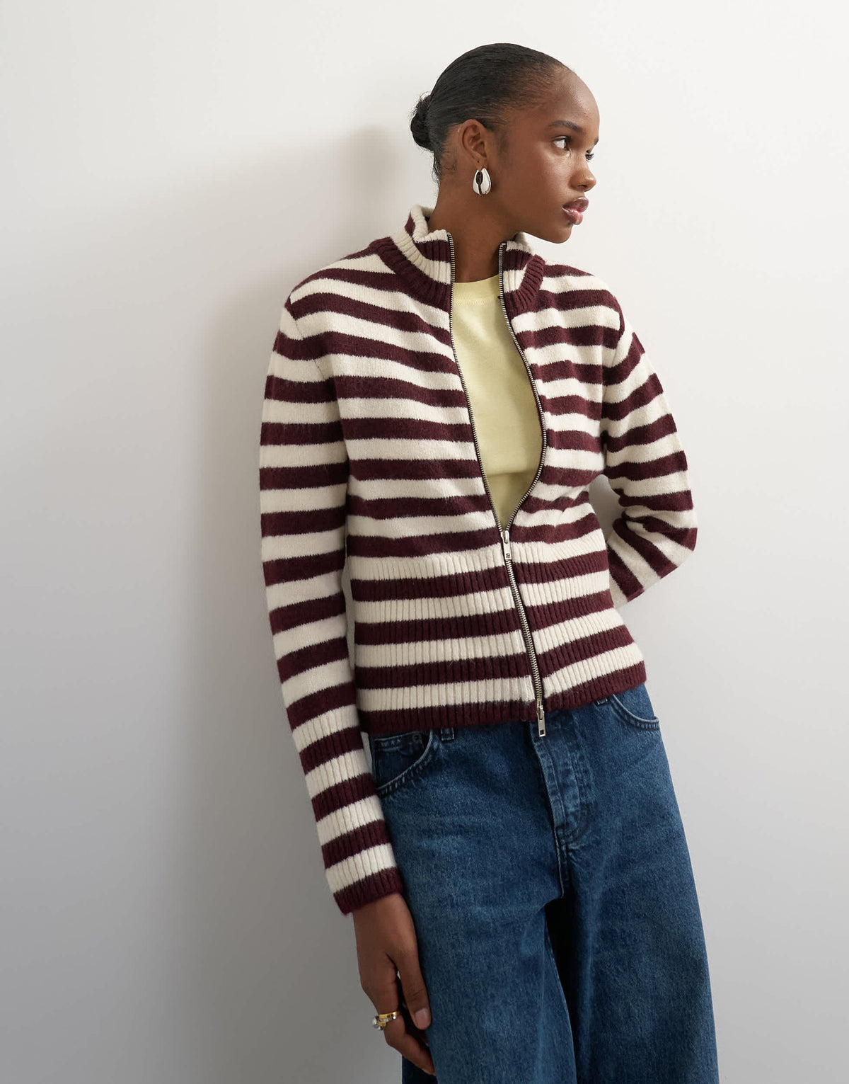 Topshop knitted zip up cardigan in burgundy and ecru stripe