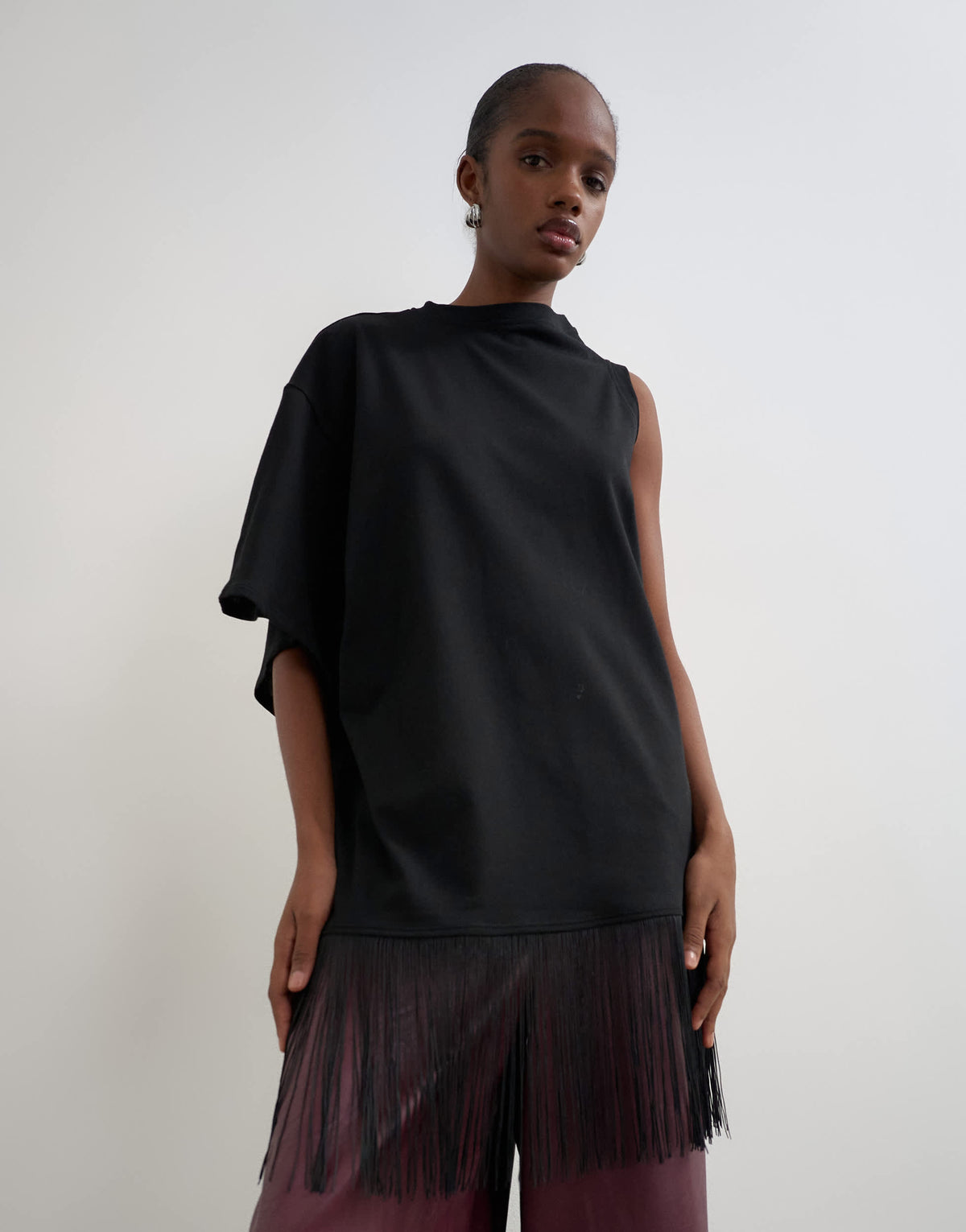Topshop draped asymmetric fringe detail top in black