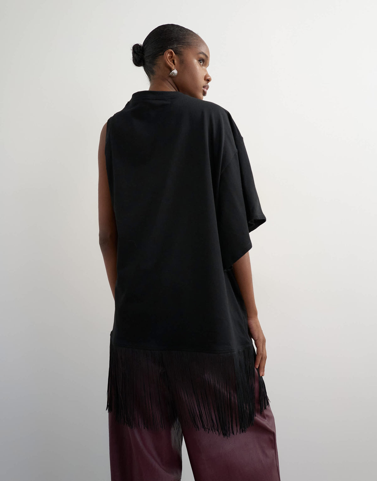 Topshop draped asymmetric fringe detail top in black