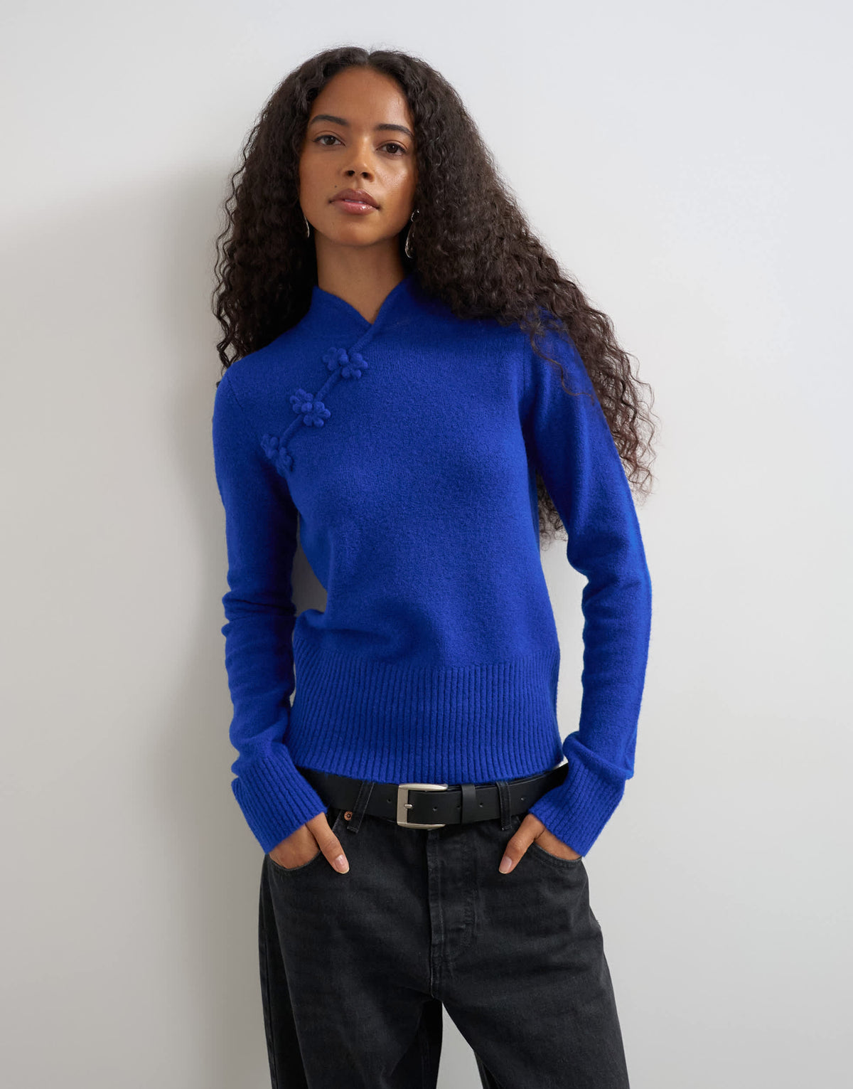 Topshop knitted deep rib mandarin collar long sleeve top with wool in cobalt blue