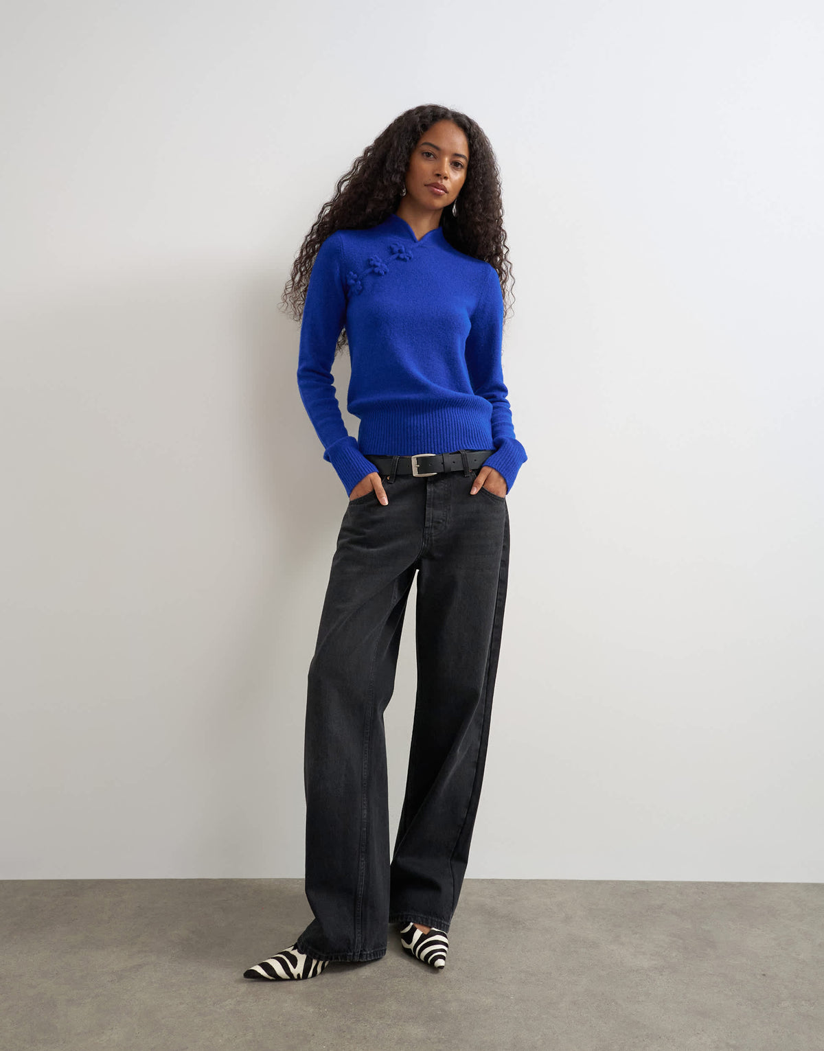 Topshop knitted deep rib mandarin collar long sleeve top with wool in cobalt blue