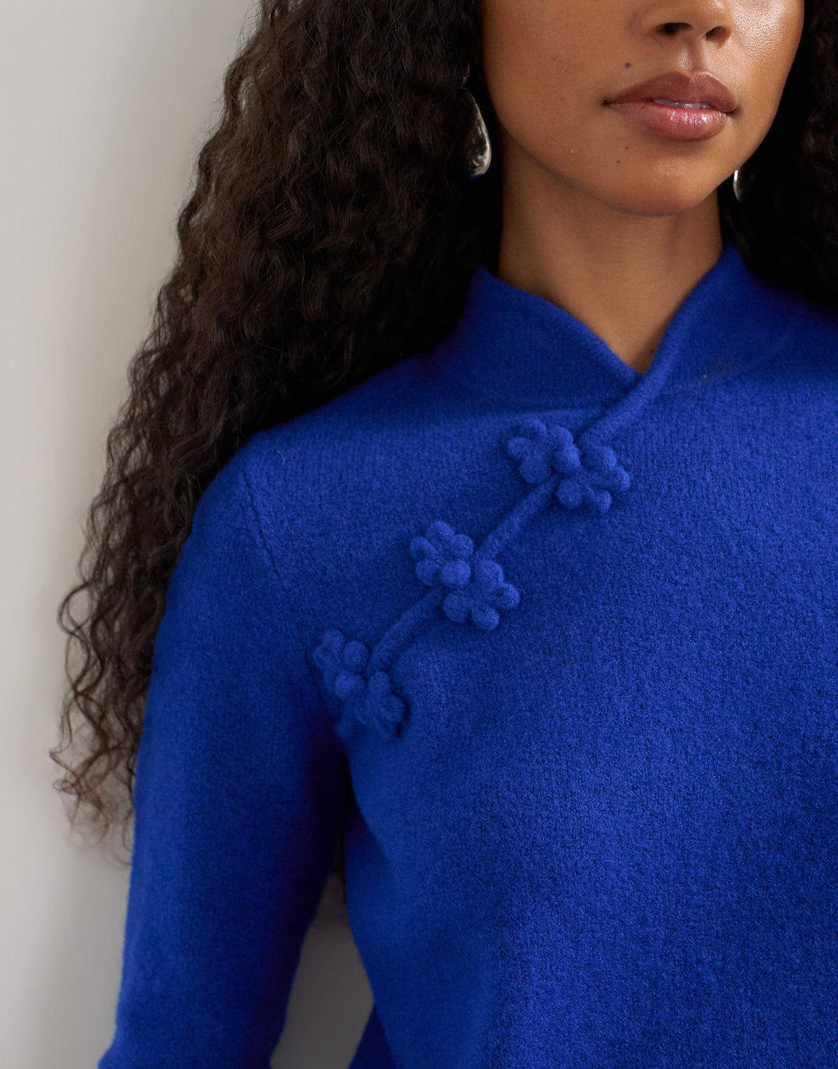 Topshop knitted deep rib mandarin collar long sleeve top with wool in cobalt blue