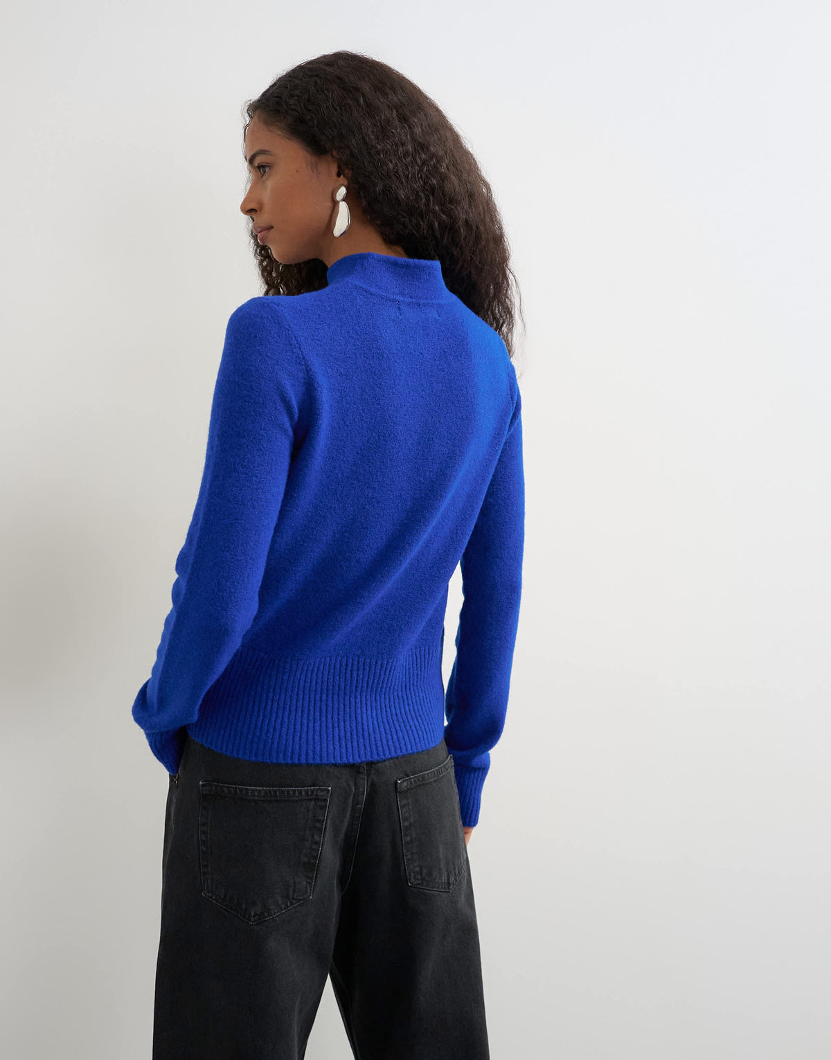 Topshop knitted deep rib mandarin collar long sleeve top with wool in cobalt blue