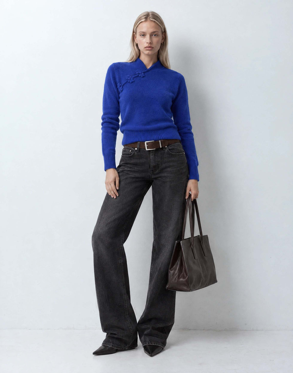 Topshop knitted deep rib mandarin collar long sleeve top with wool in cobalt blue