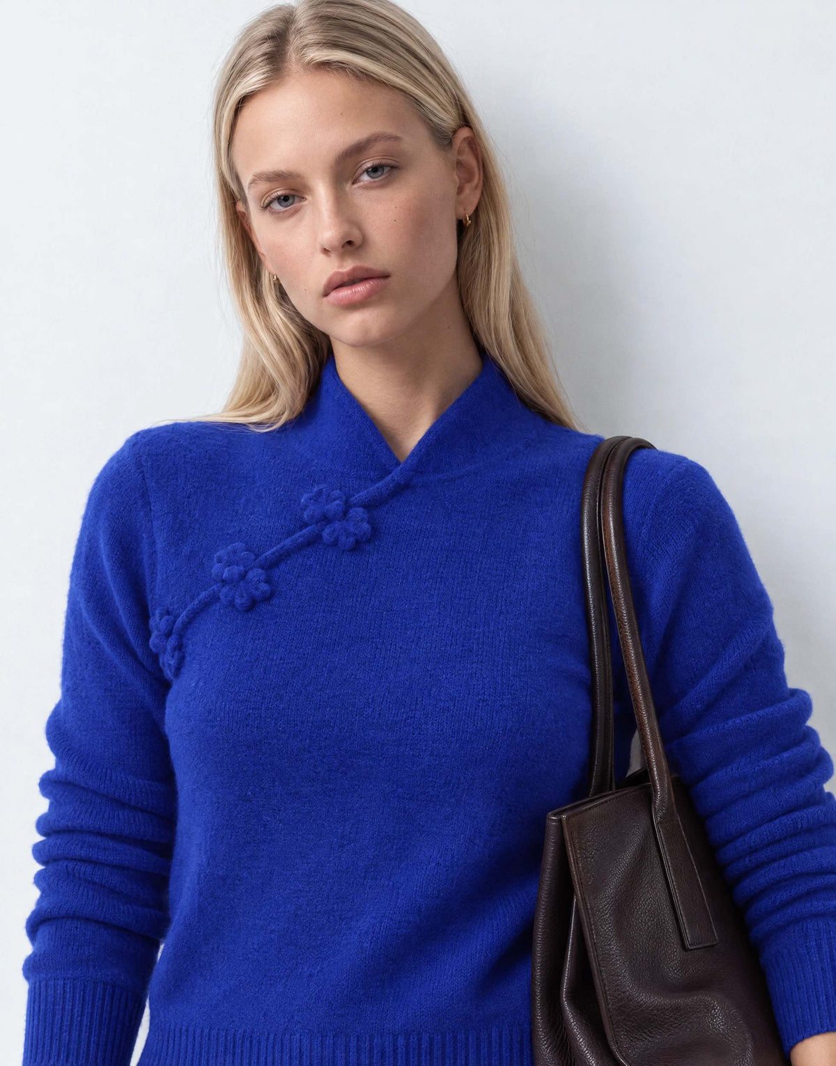 Topshop knitted deep rib mandarin collar long sleeve top with wool in cobalt blue