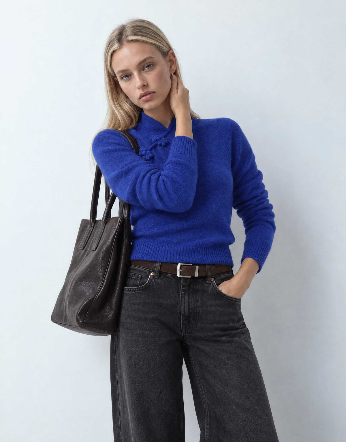 Topshop knitted deep rib mandarin collar long sleeve top with wool in cobalt blue