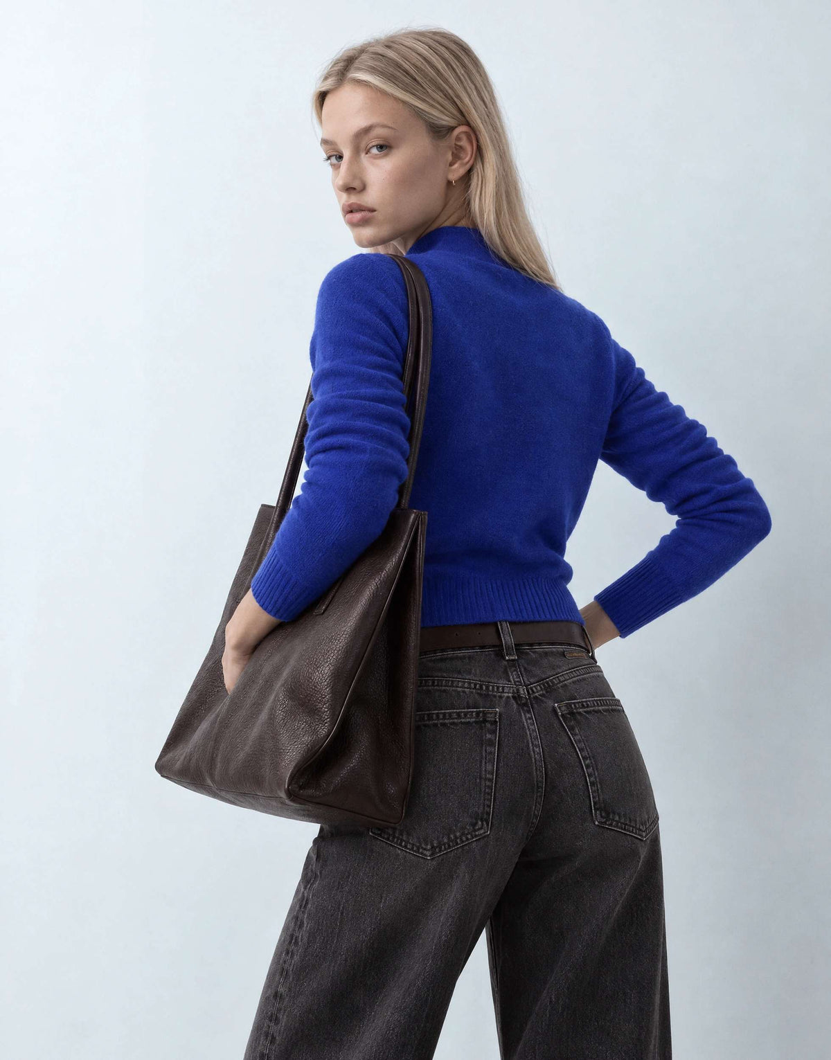 Topshop knitted deep rib mandarin collar long sleeve top with wool in cobalt blue