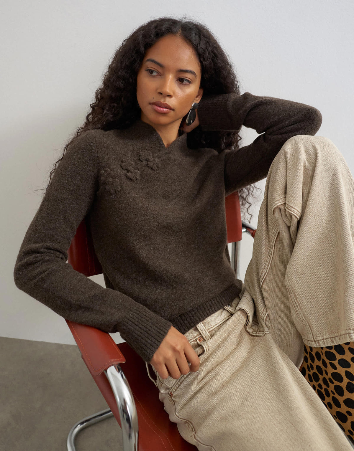 Topshop knitted deep rib mandarin collar long sleeve top with wool in charcoal