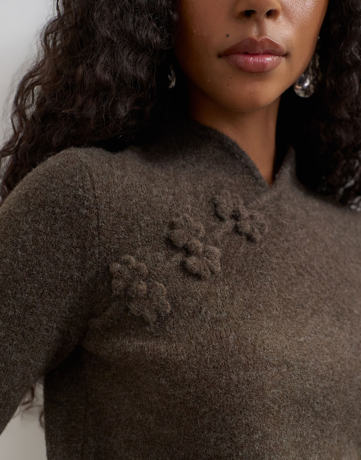 Topshop knitted deep rib mandarin collar long sleeve top with wool in charcoal