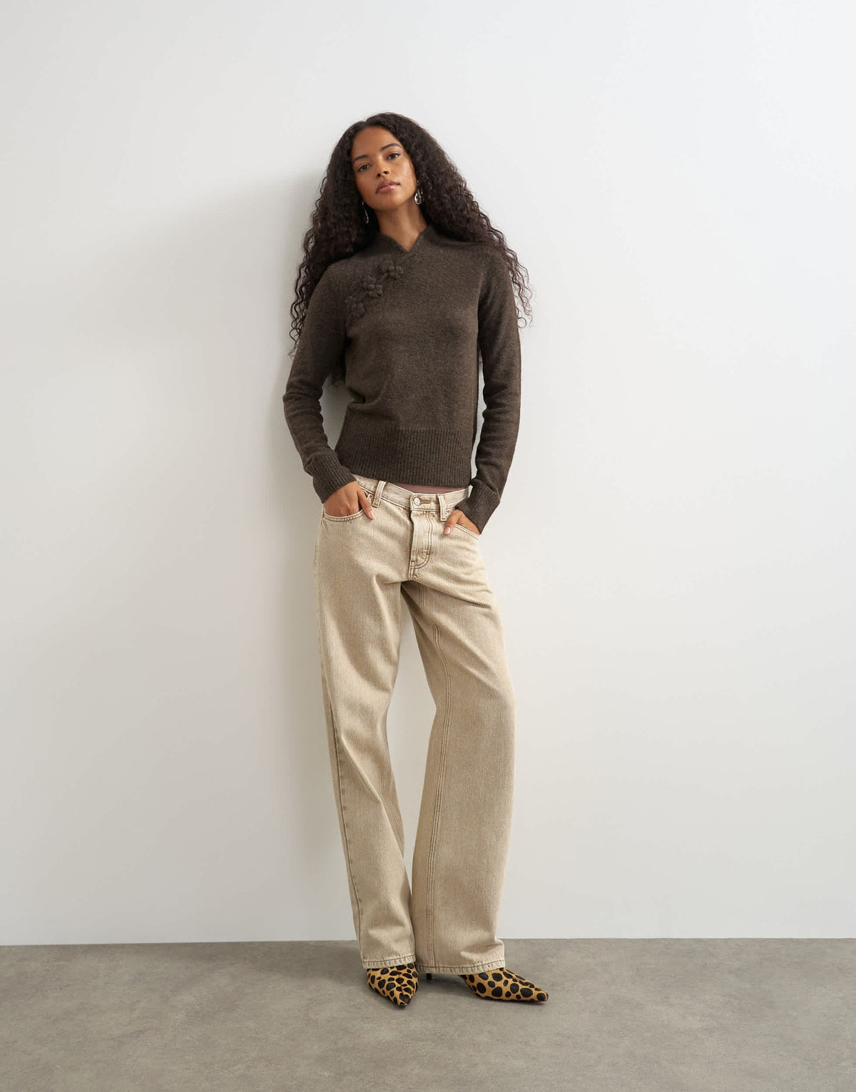Topshop knitted deep rib mandarin collar long sleeve top with wool in charcoal