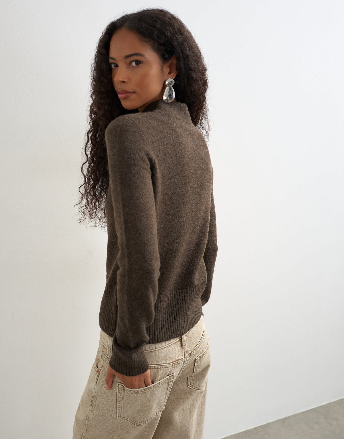 Topshop knitted deep rib mandarin collar long sleeve top with wool in charcoal