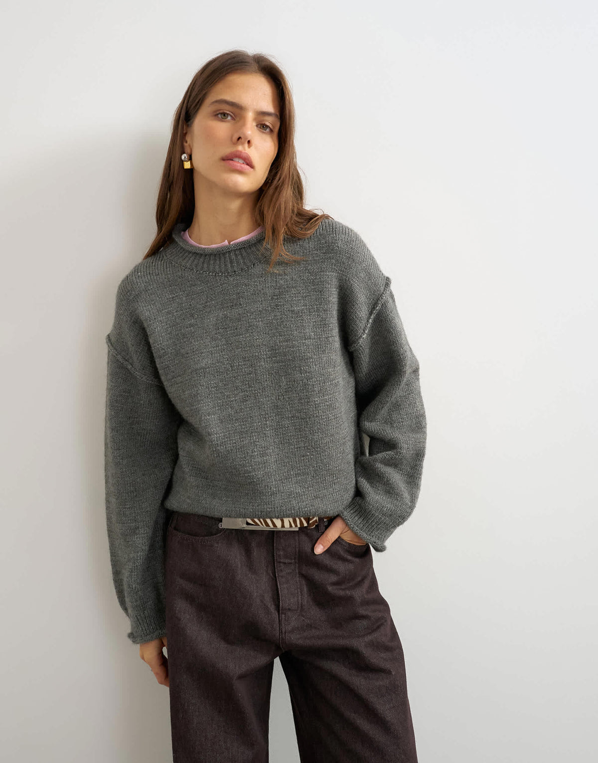 Topshop knitted roll edge chunky jumper in grey