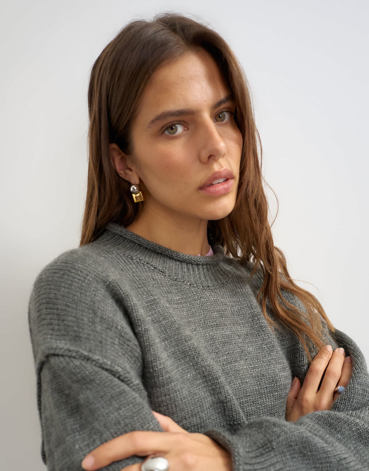 Topshop knitted roll edge chunky jumper in grey
