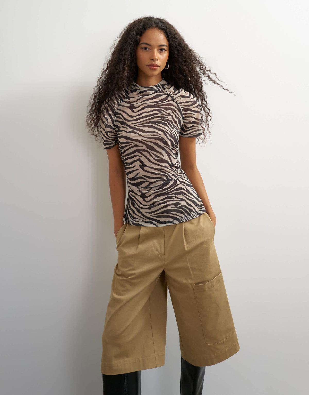 Topshop mesh ruched sleeve top in zebra print