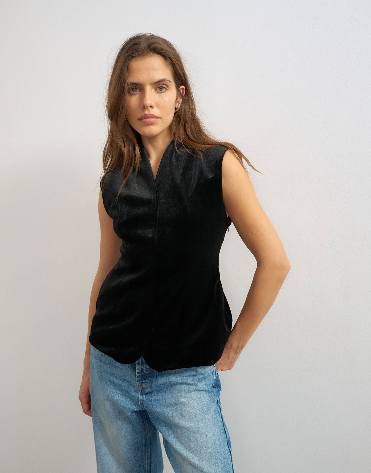 Topshop velvet bonded waistcoat in black