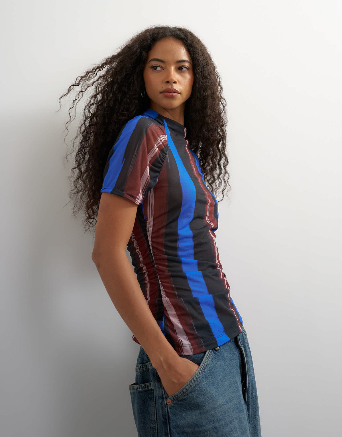Topshop mesh stripe ruched sleeve top in blue