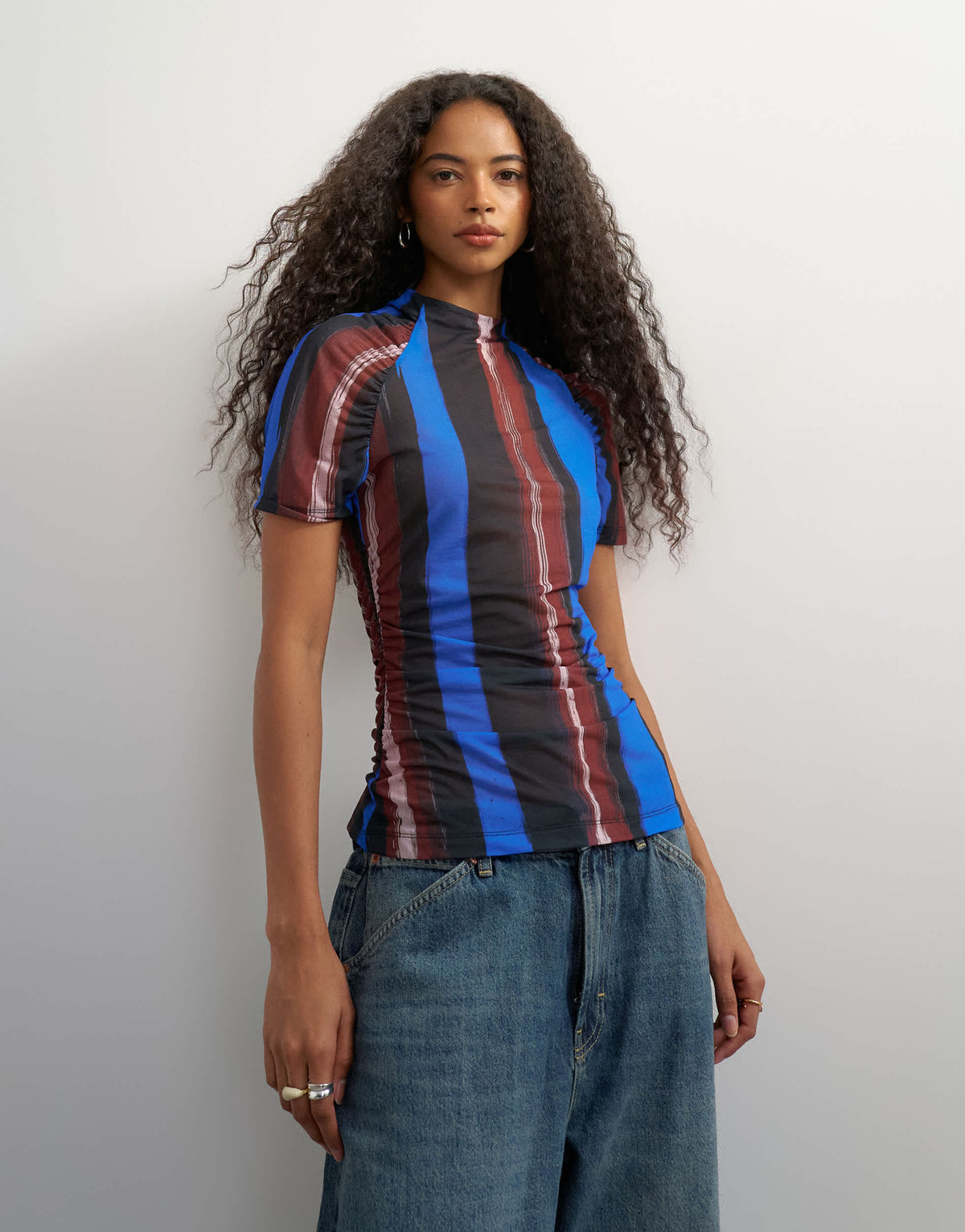 Topshop mesh stripe ruched sleeve top in blue