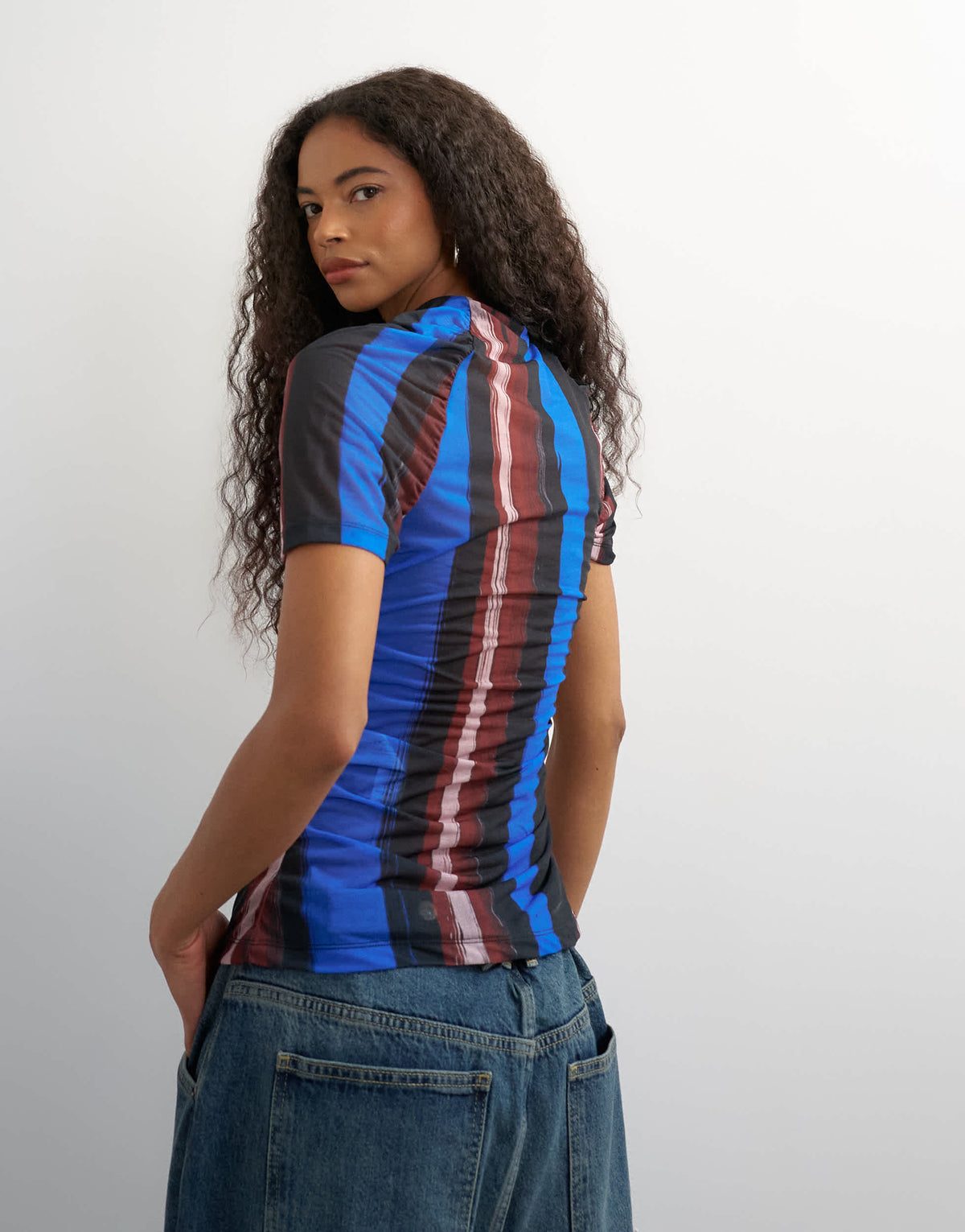 Topshop mesh stripe ruched sleeve top in blue