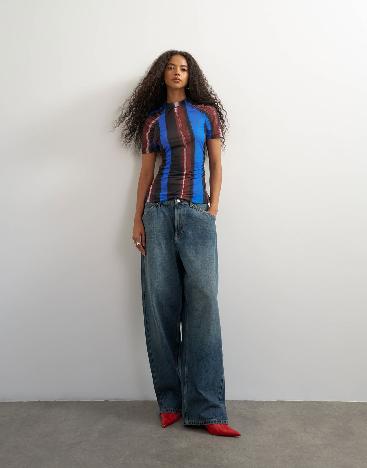Topshop mesh stripe ruched sleeve top in blue