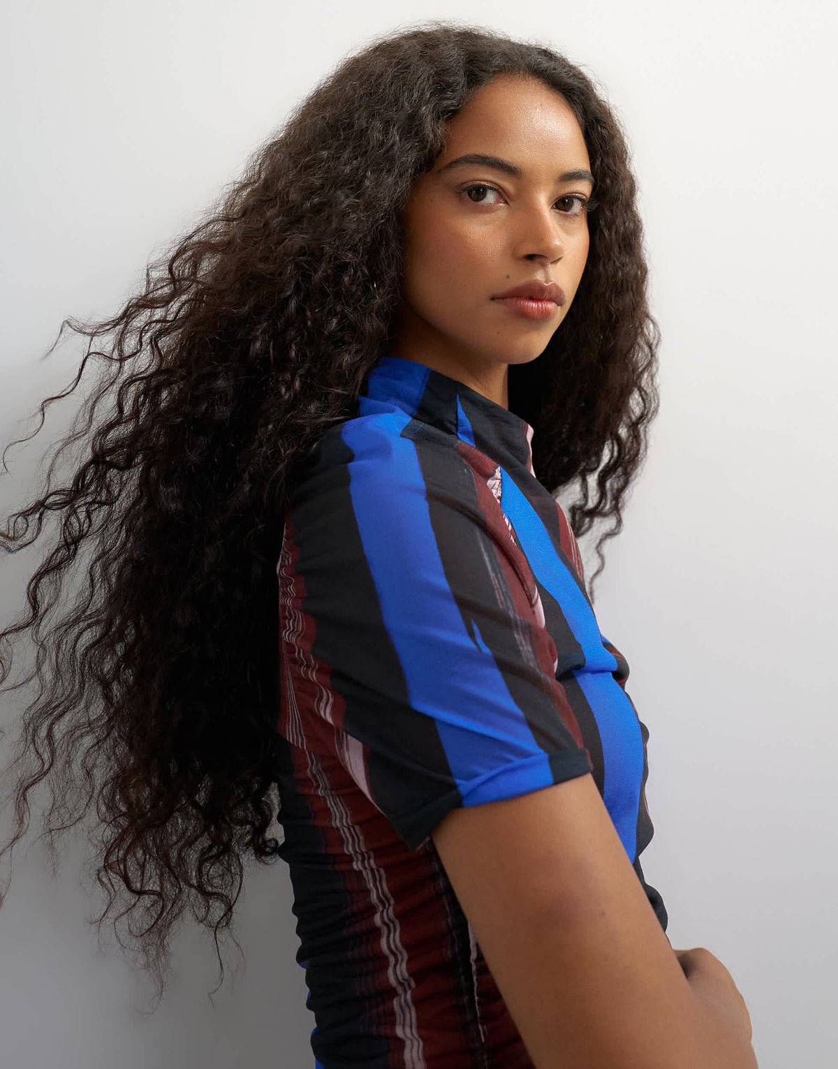 Topshop mesh stripe ruched sleeve top in blue