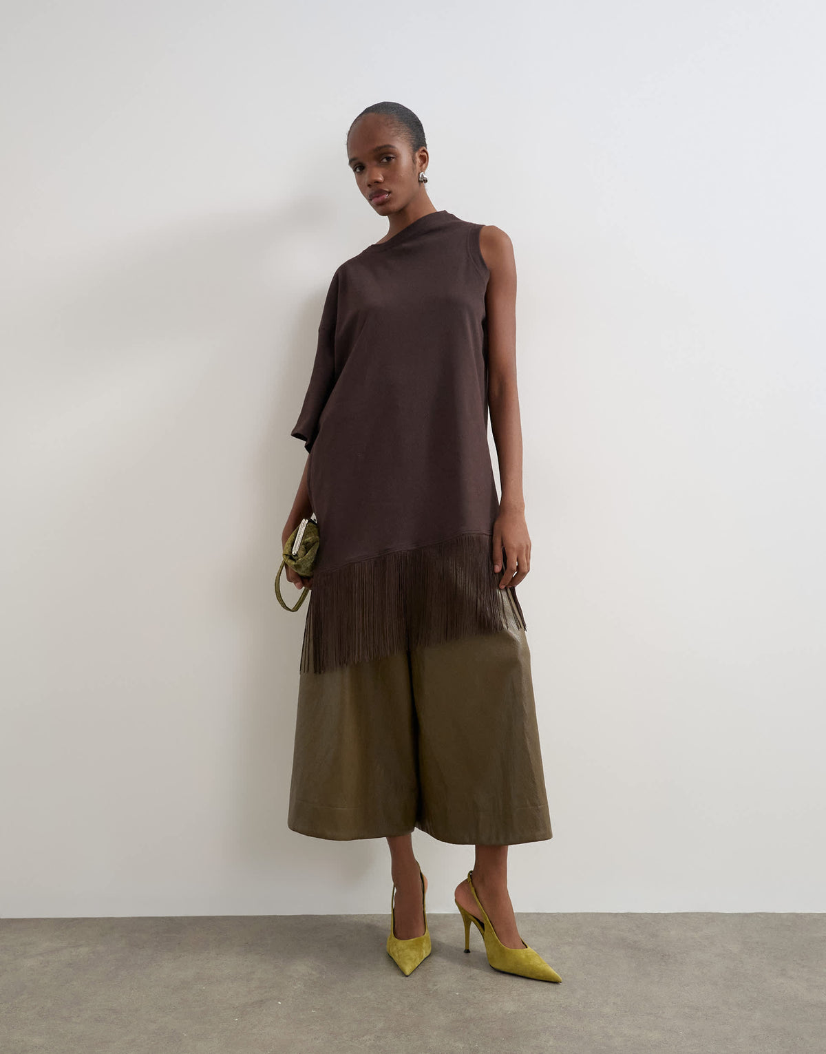 Topshop draped asymmetric fringe detail top in chocolate