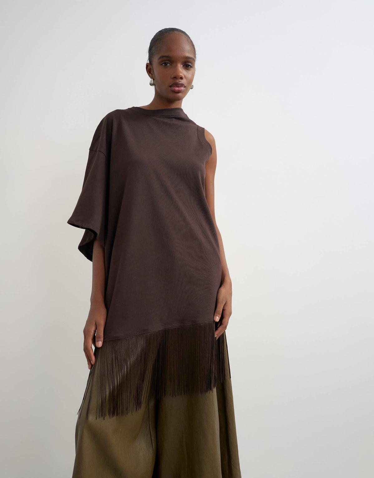 Topshop draped asymmetric fringe detail top in chocolate
