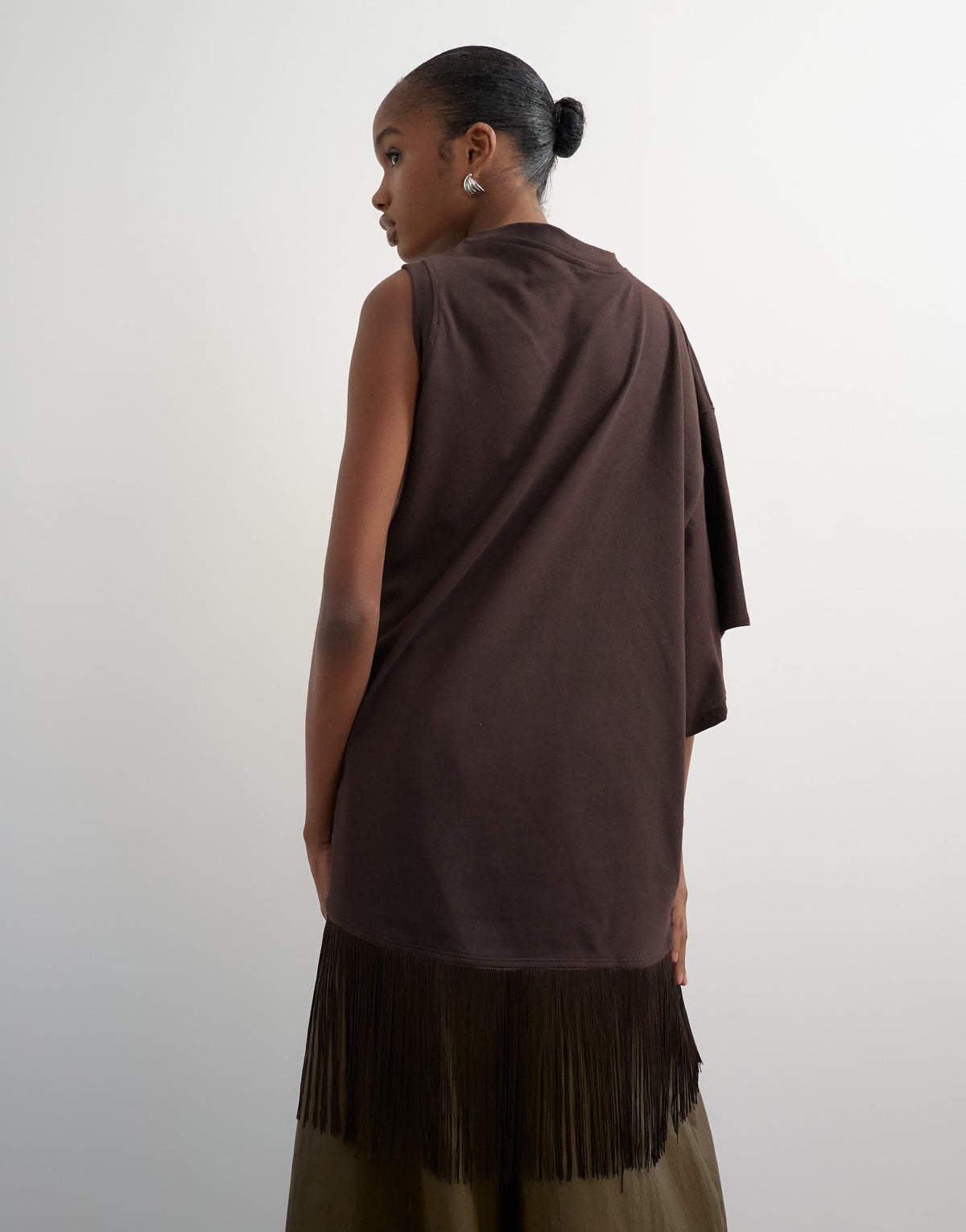 Topshop draped asymmetric fringe detail top in chocolate