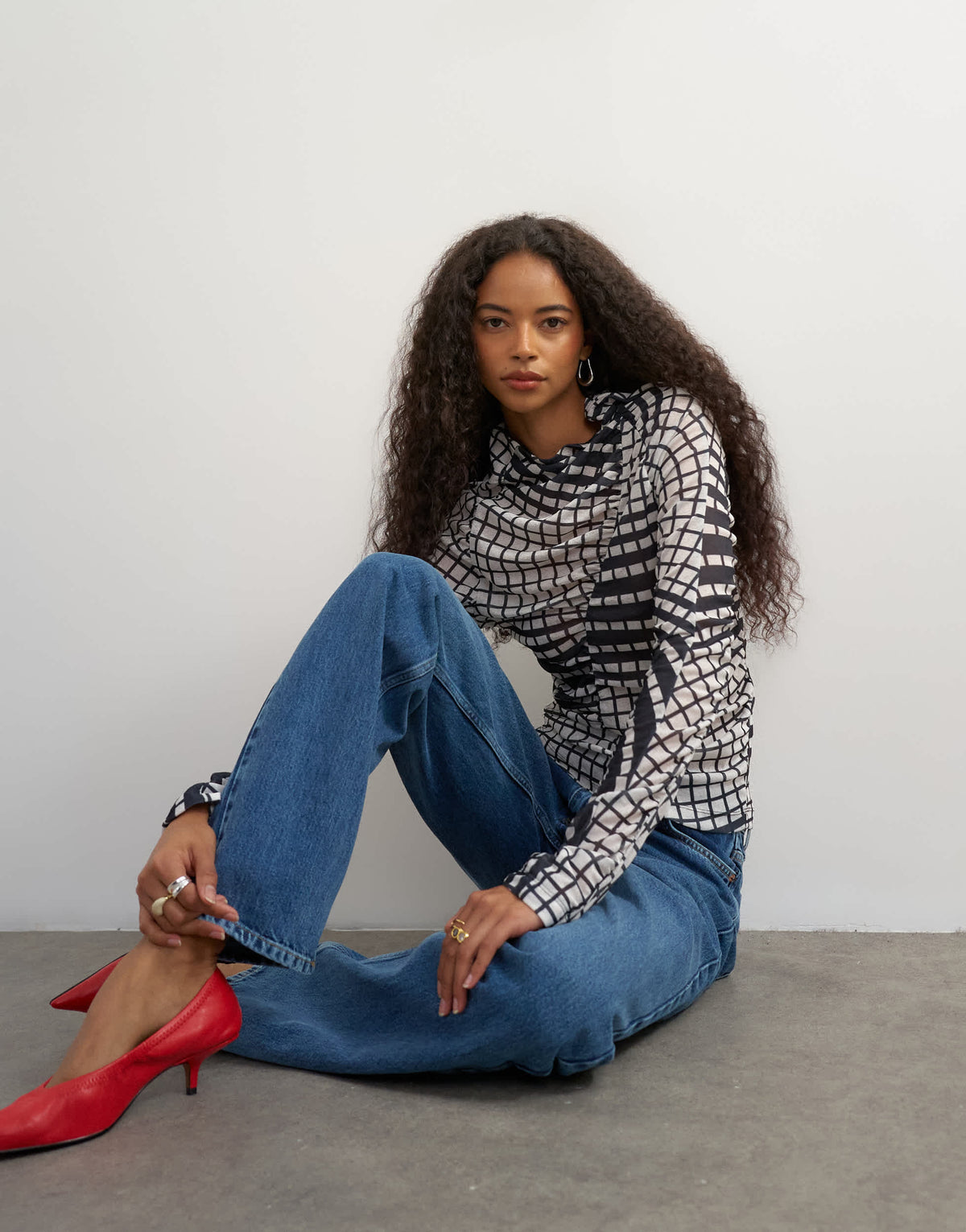 Topshop check ruched long sleeve top in black