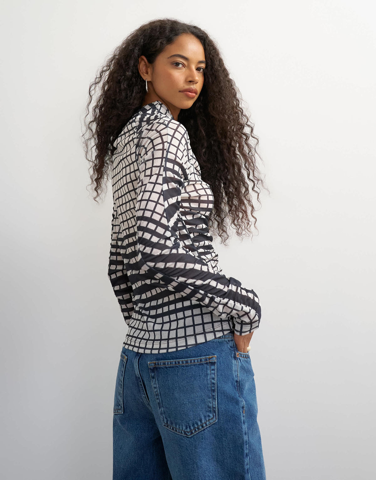 Topshop check ruched long sleeve top in black