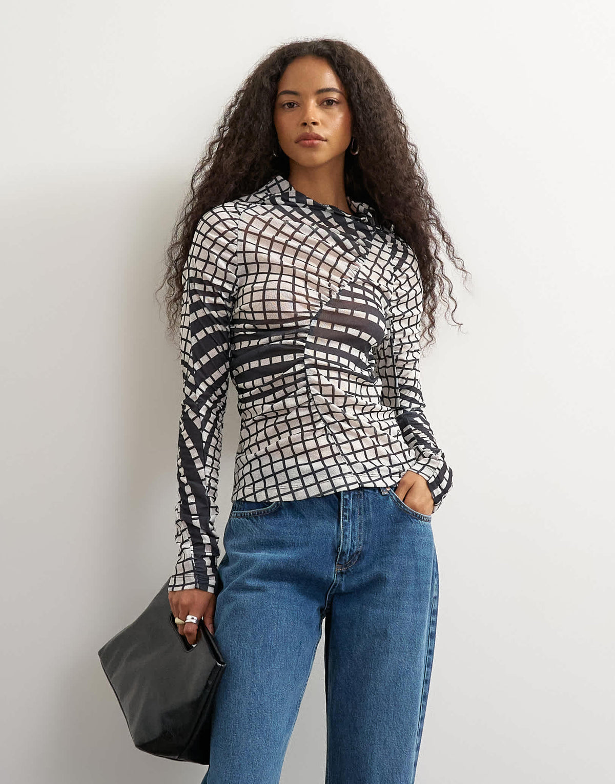 Topshop check ruched long sleeve top in black