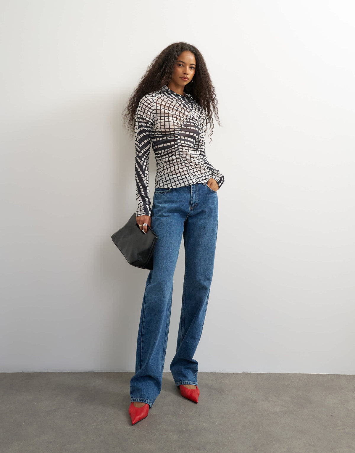 Topshop check ruched long sleeve top in black
