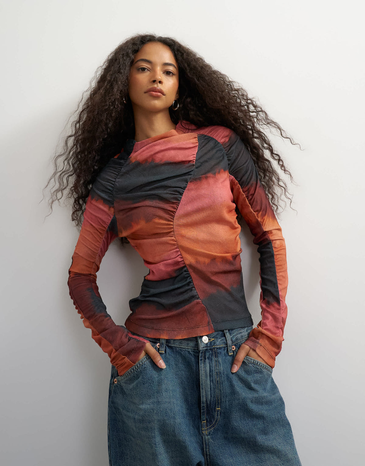 Topshop ombre ruched long sleeve top