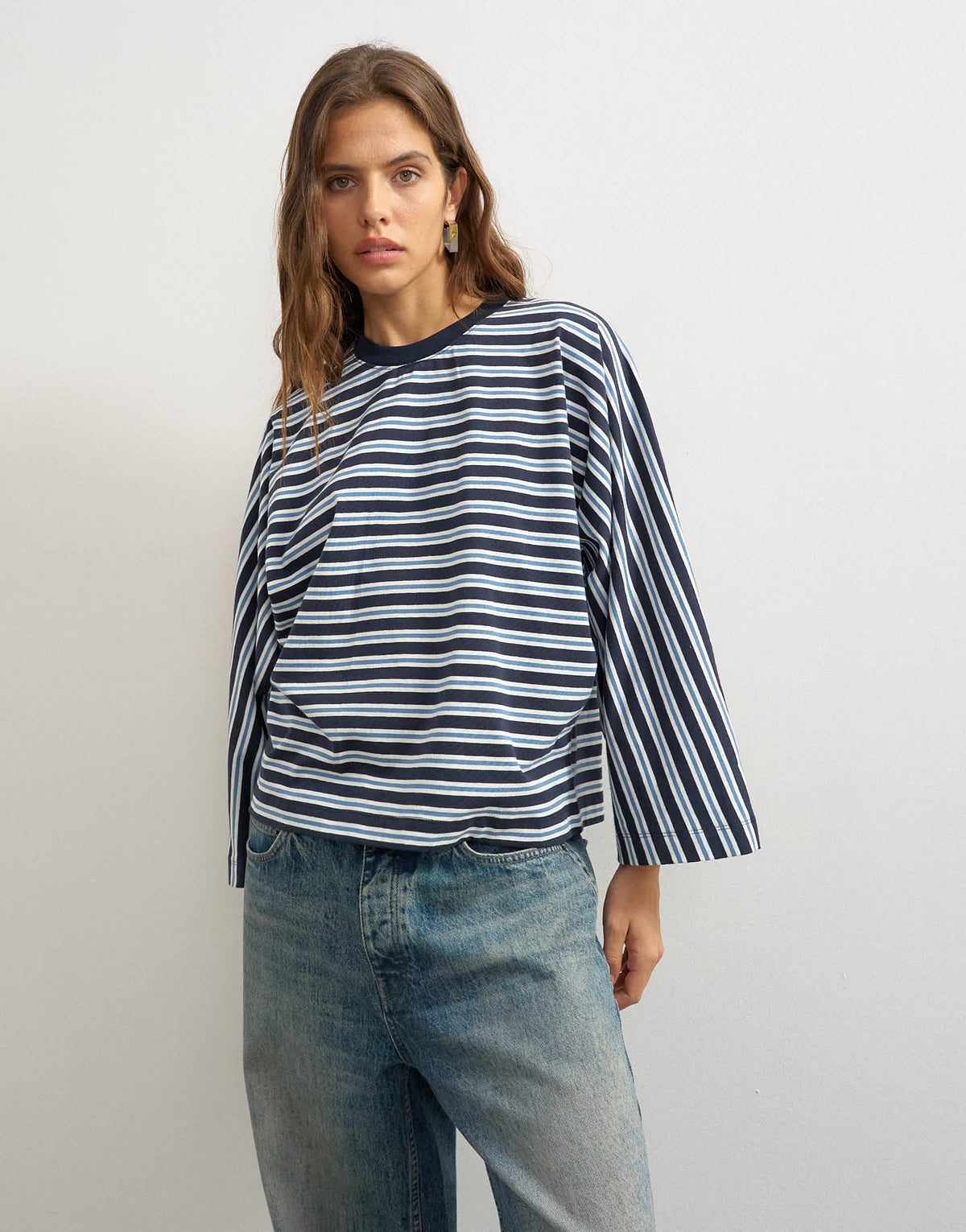 Topshop batwing stripe long sleeve tee in navy