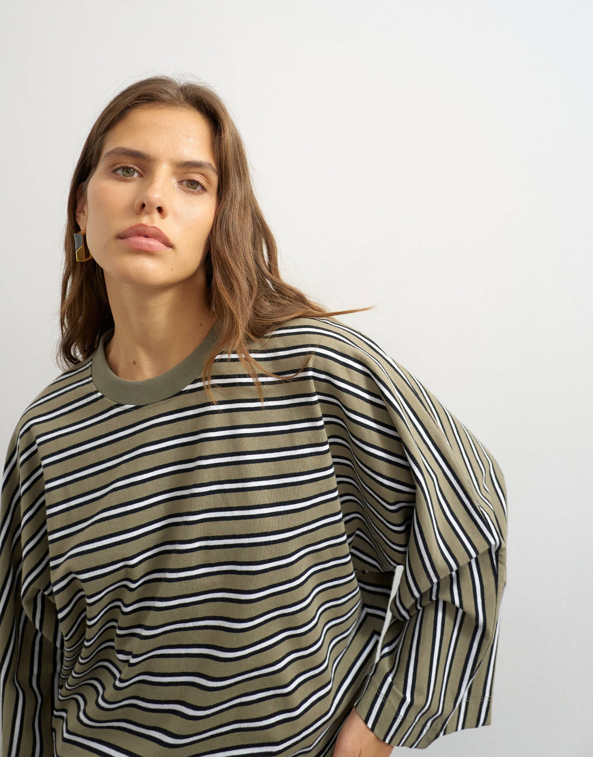 Topshop batwing stripe long sleeve tee in Khaki
