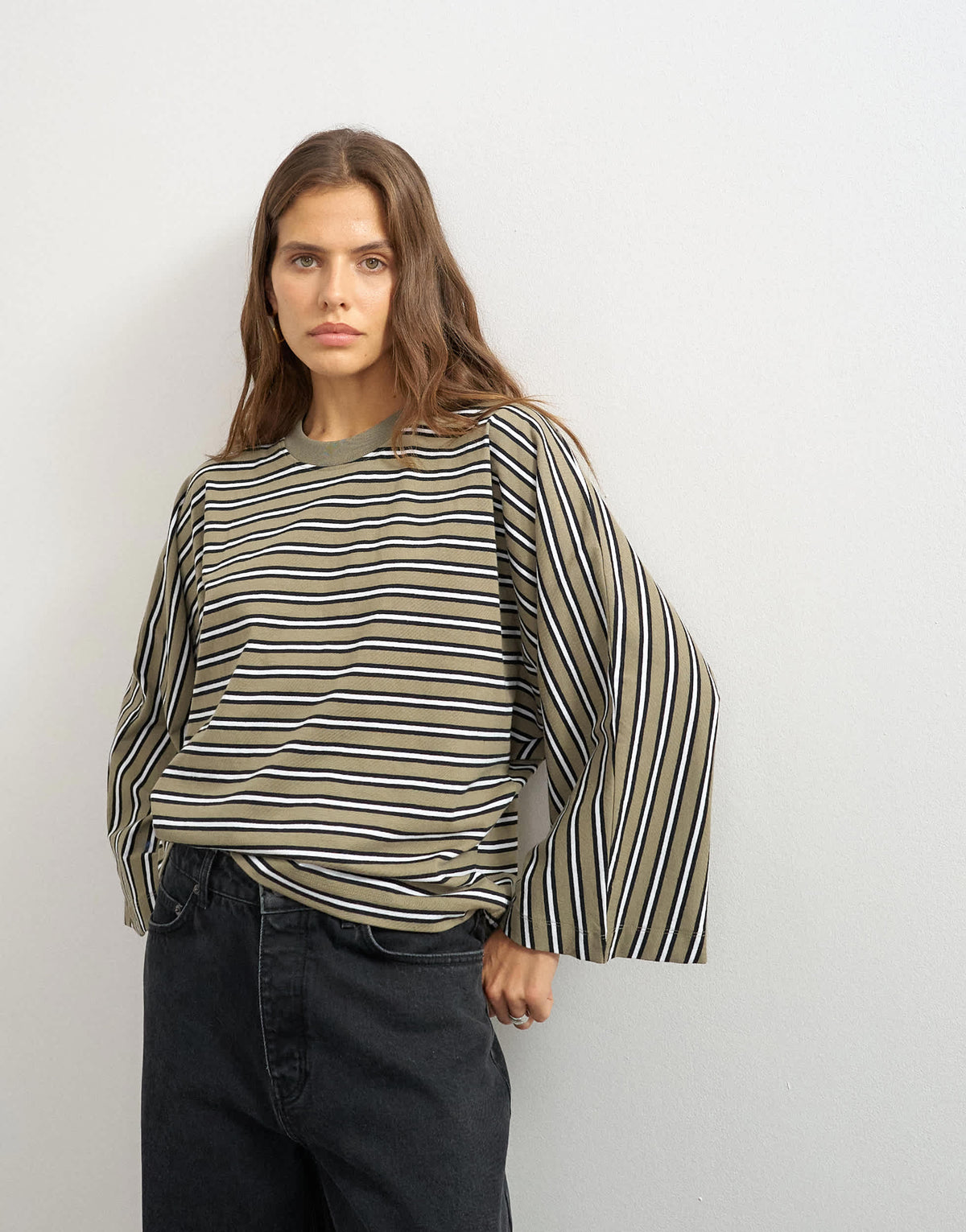 Topshop batwing stripe long sleeve tee in Khaki