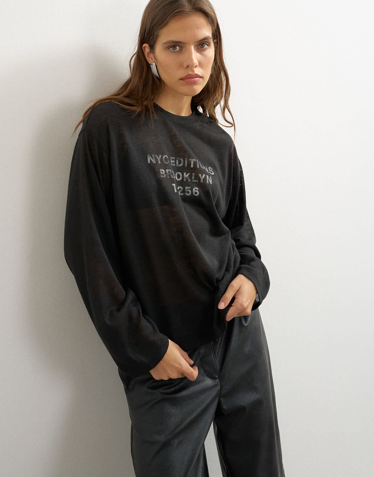 Topshop sheer slubby graphic 'NYC' long sleeve top in black