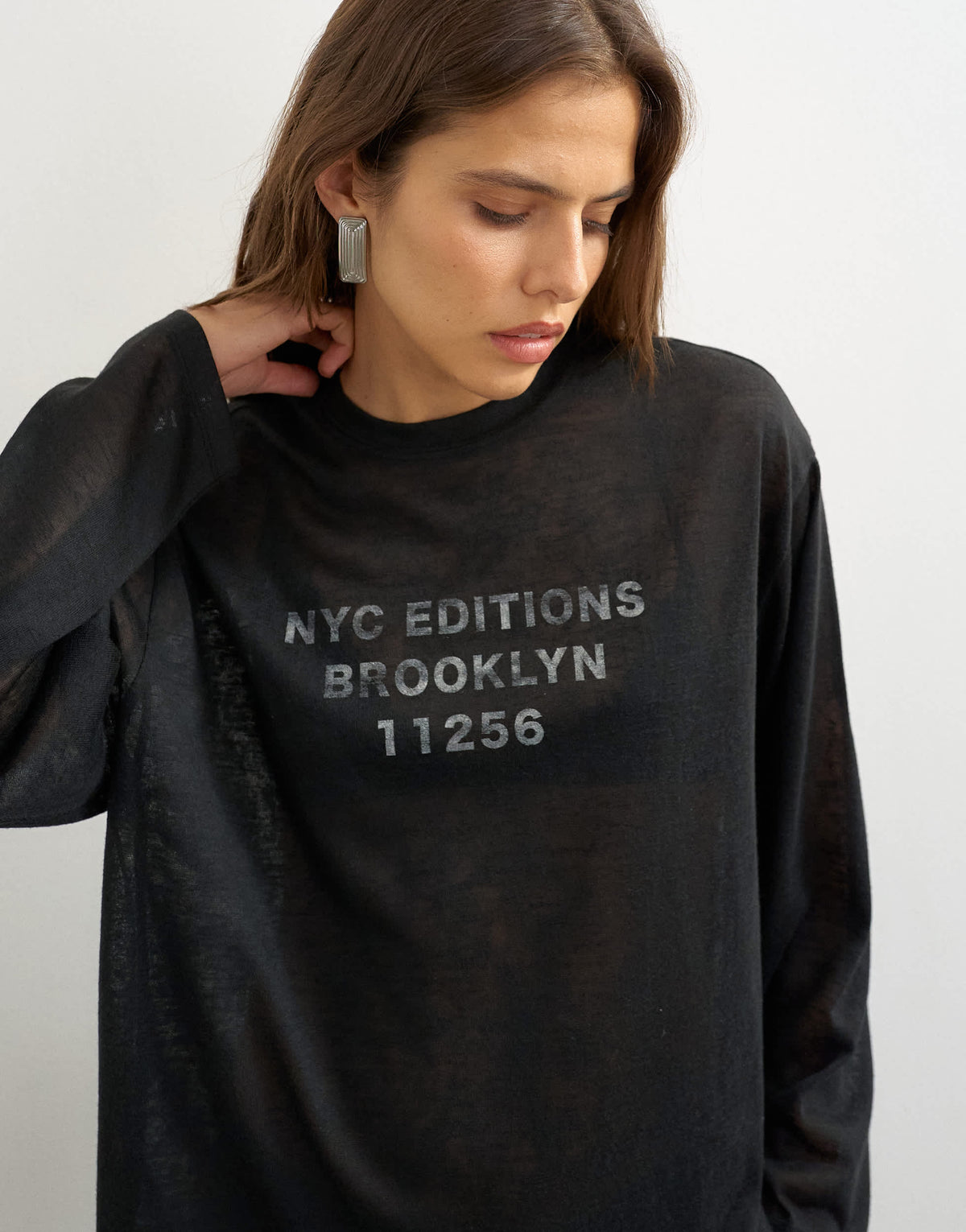 Topshop sheer slubby graphic 'NYC' long sleeve top in black