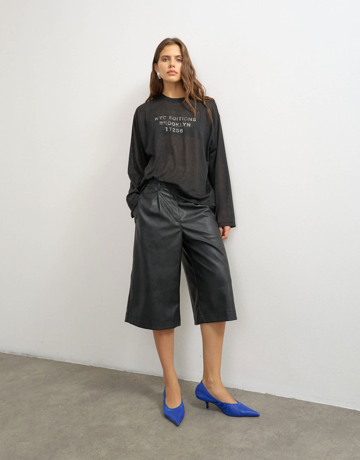 Topshop sheer slubby graphic 'NYC' long sleeve top in black