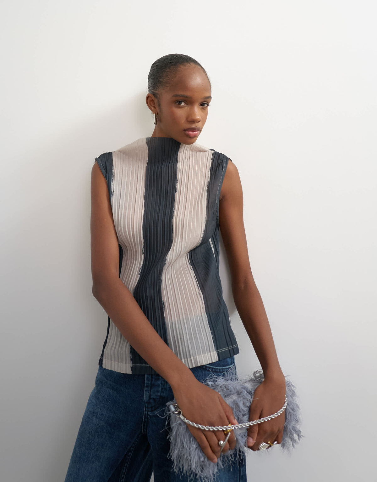 Topshop high neck plisse top in mono